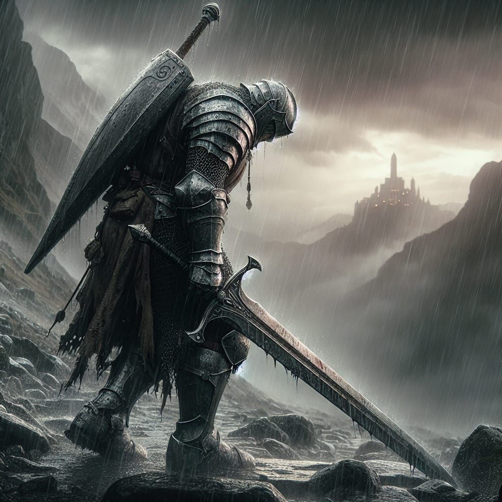 Defeated Paladin Trudges Through Rainy Ruins