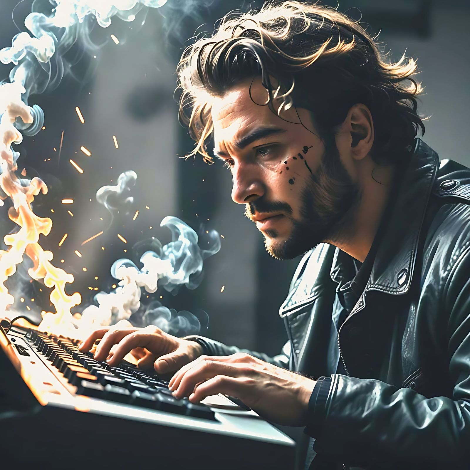 Man's Head Smoking While Typing: Abstract Art Portrait