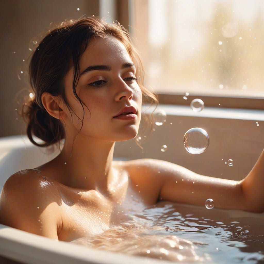 Woman in Bathtub with Bubbles, Impressionist Style