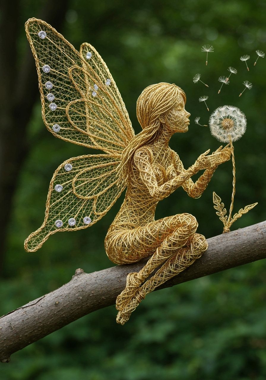 Golden Thread Fairy Sculpture in Verdant Forest