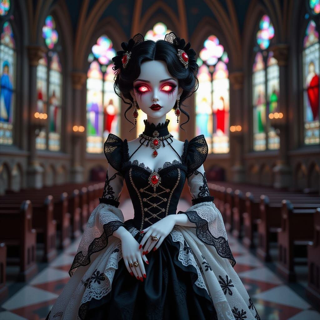 Gothic Doll Woman Radiating Elegance in Cathedral