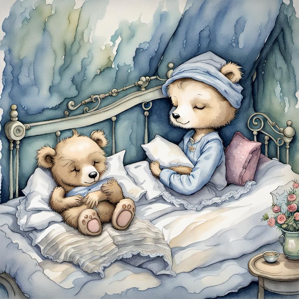 Cute Anthropomorphic Bear Sleeping in Bed