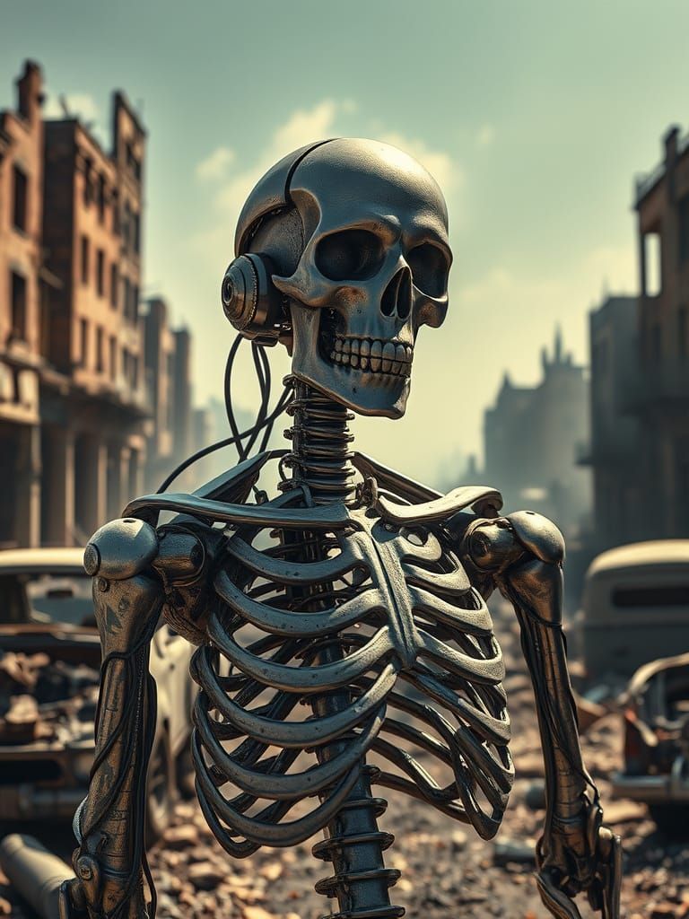 Cyberpunk Cyborg Skeleton Among War Ruins