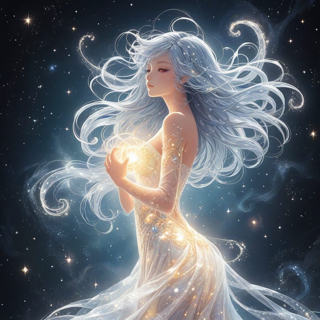 Ethereal Stardust Woman in Shimmering Cosmic Anime Art