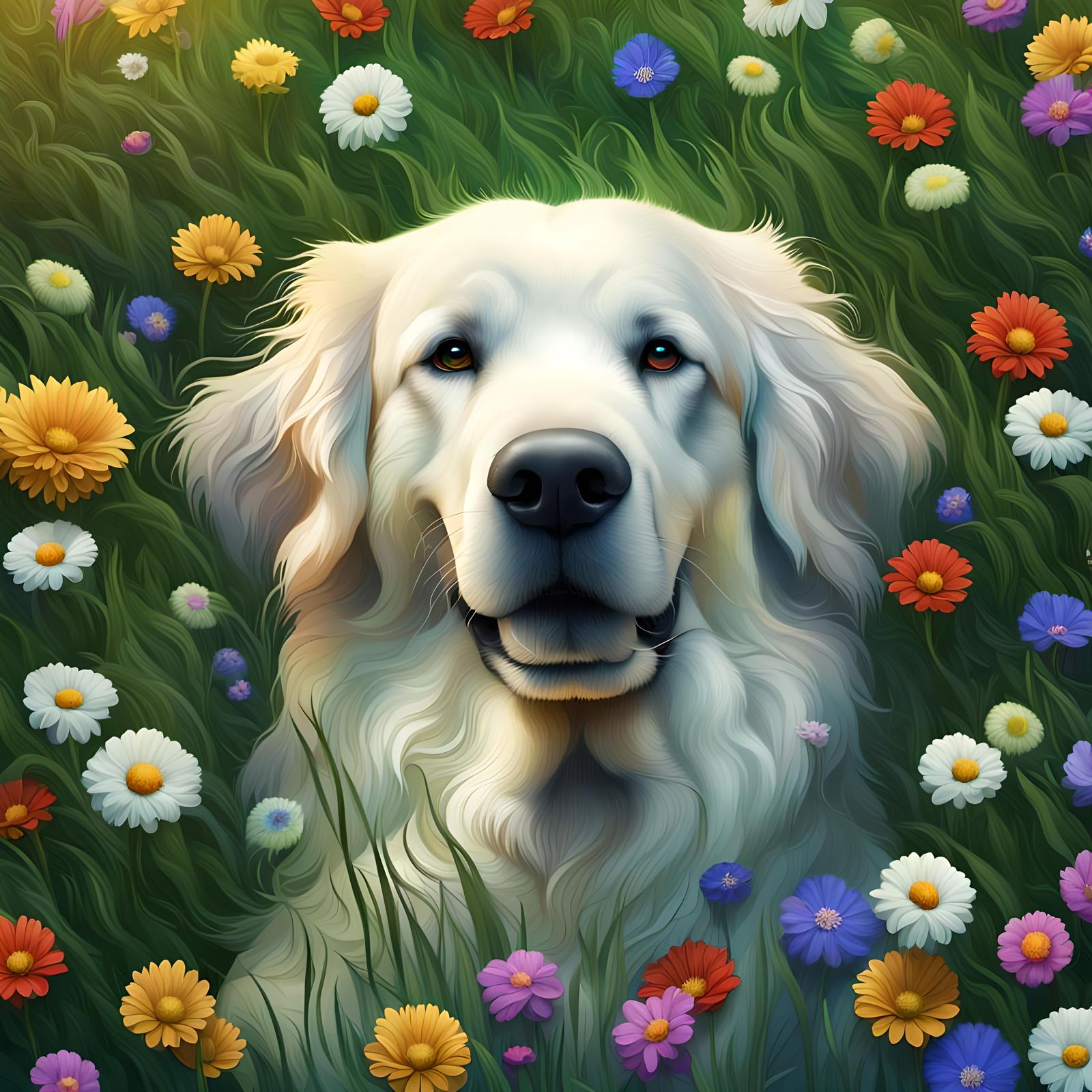 Golden Retriever in Garden with Starry Eyes