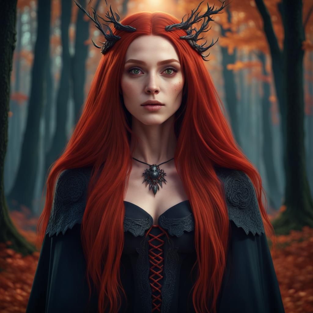 Red-Haired Witch in Fall Woods: Fantasy Concept Art