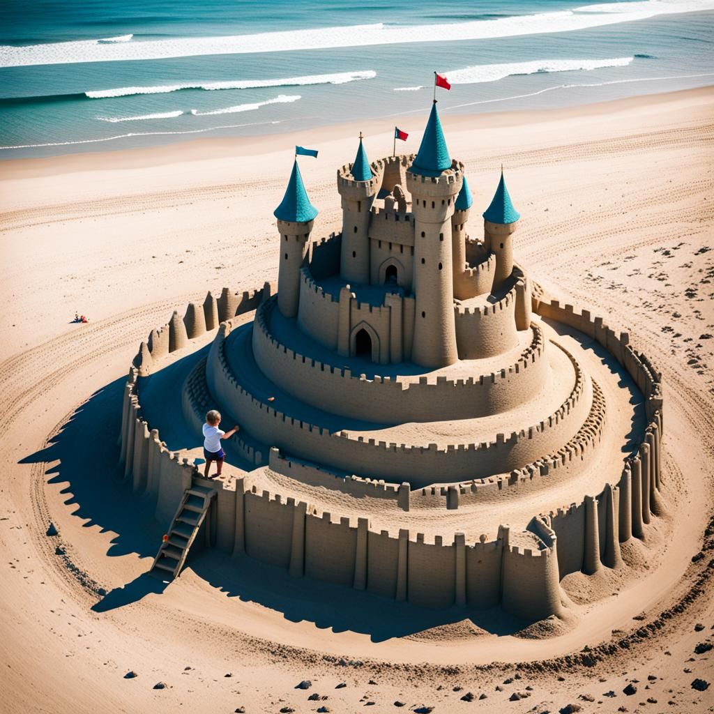 Child Builds Gigantic Sand Castle Fortress on Beach