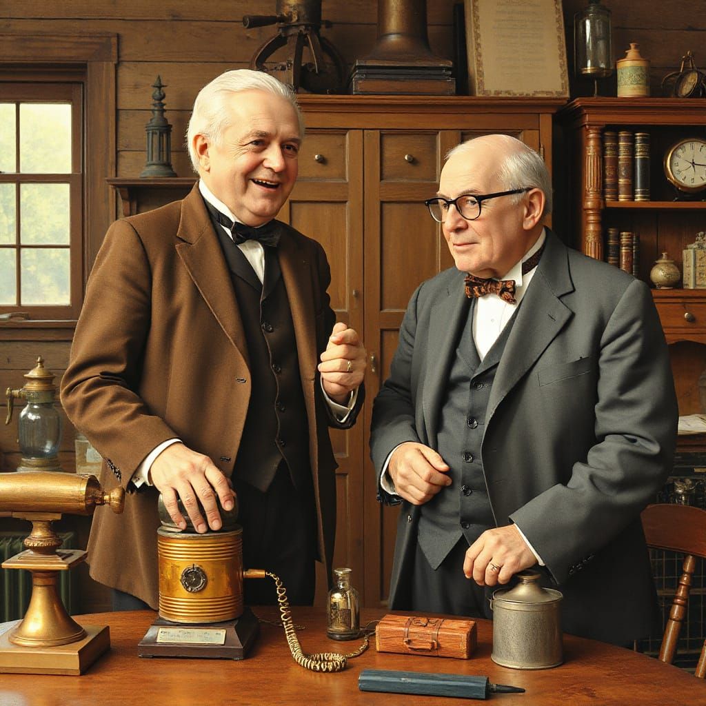 Historic Figures Share Laughter over Vintage Telephone