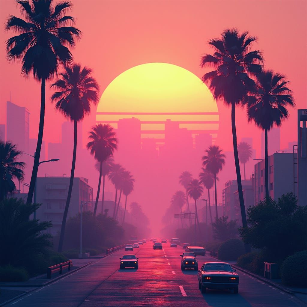 Retro-Futuristic Sunset Cityscape in Pastel Hues and Neon