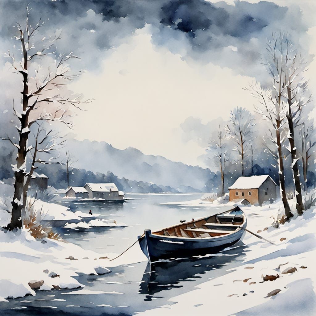 Snowy Rowing Boat Watercolor in Winslow Homer Style