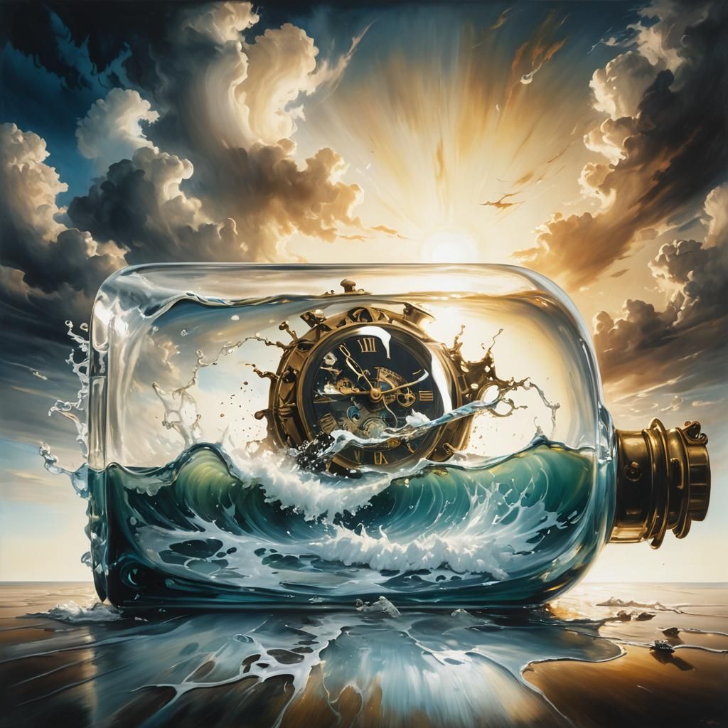 Melting Clock on Dreamlike Shore as Oil Painting