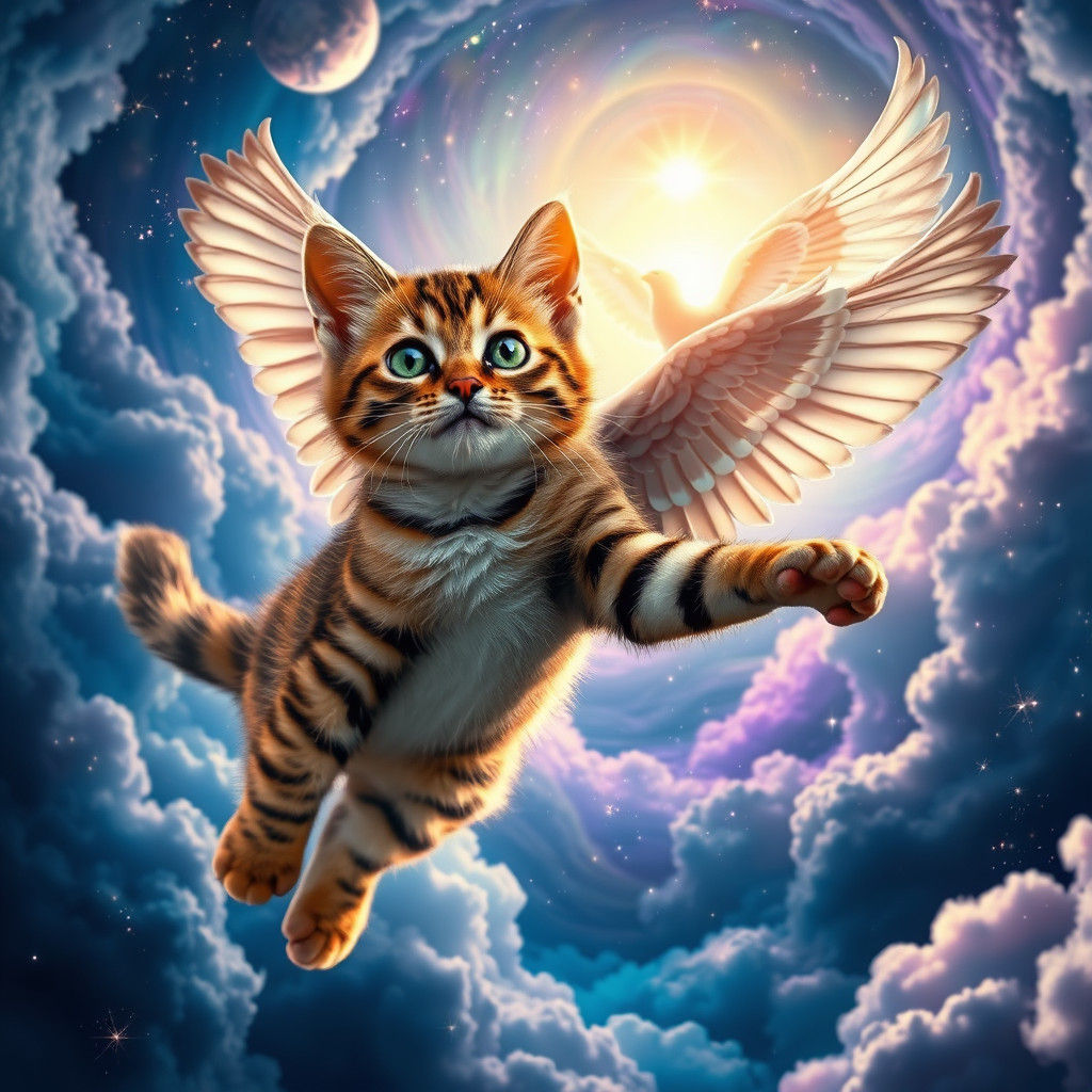 Winged Cat Soaring Through Cosmos Meets Angel