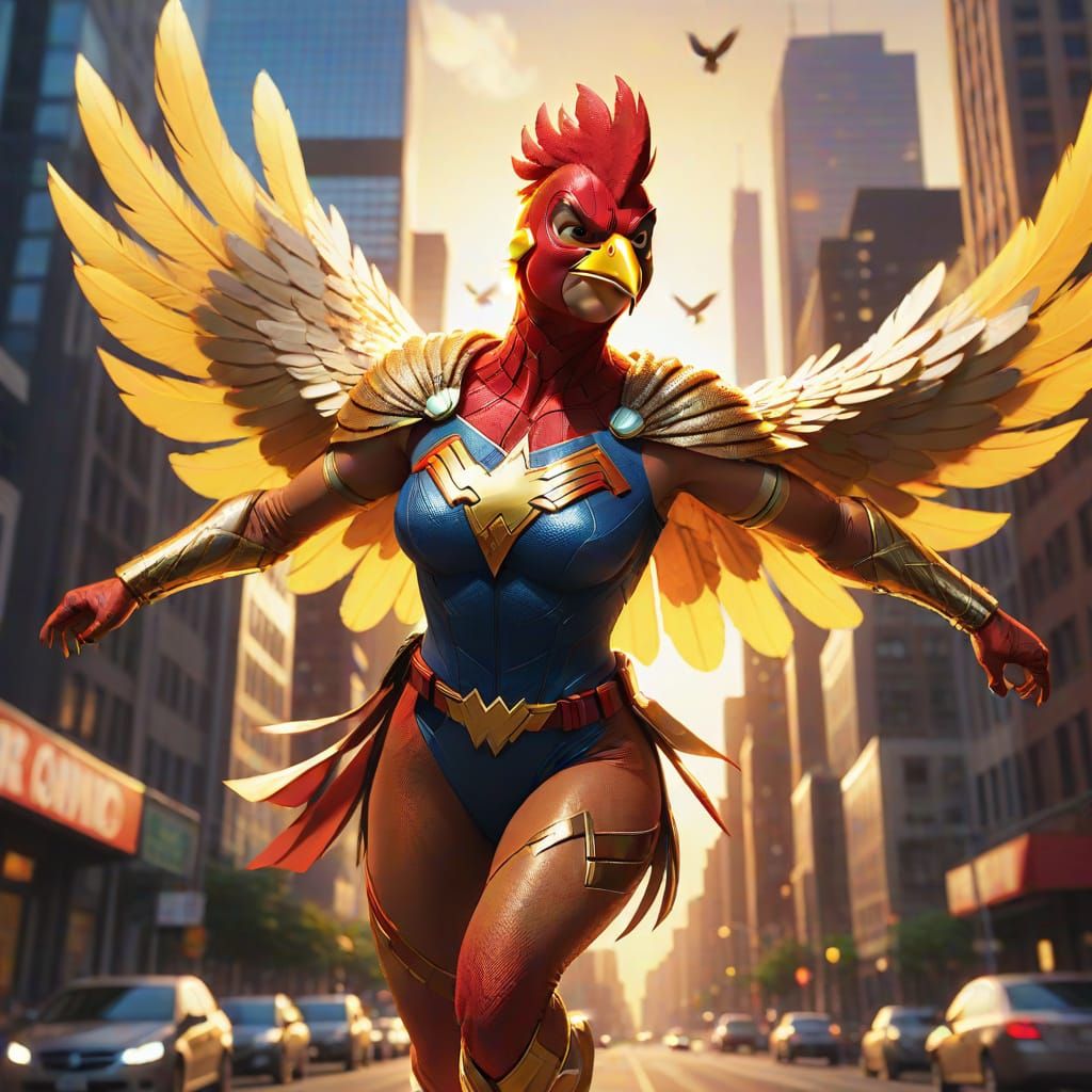Chicken Superhero Soars Through Cityscape in Comic Style