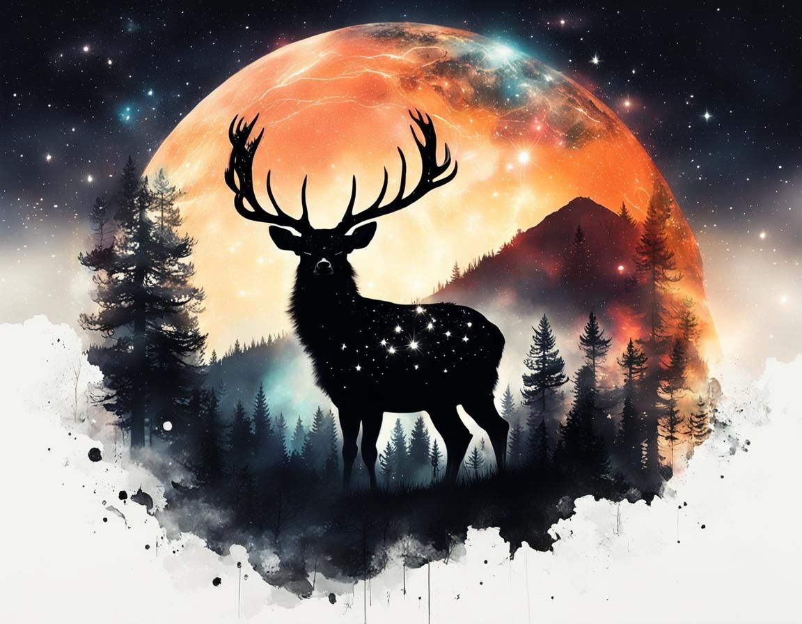 Deer Silhouette with Nebula Sky