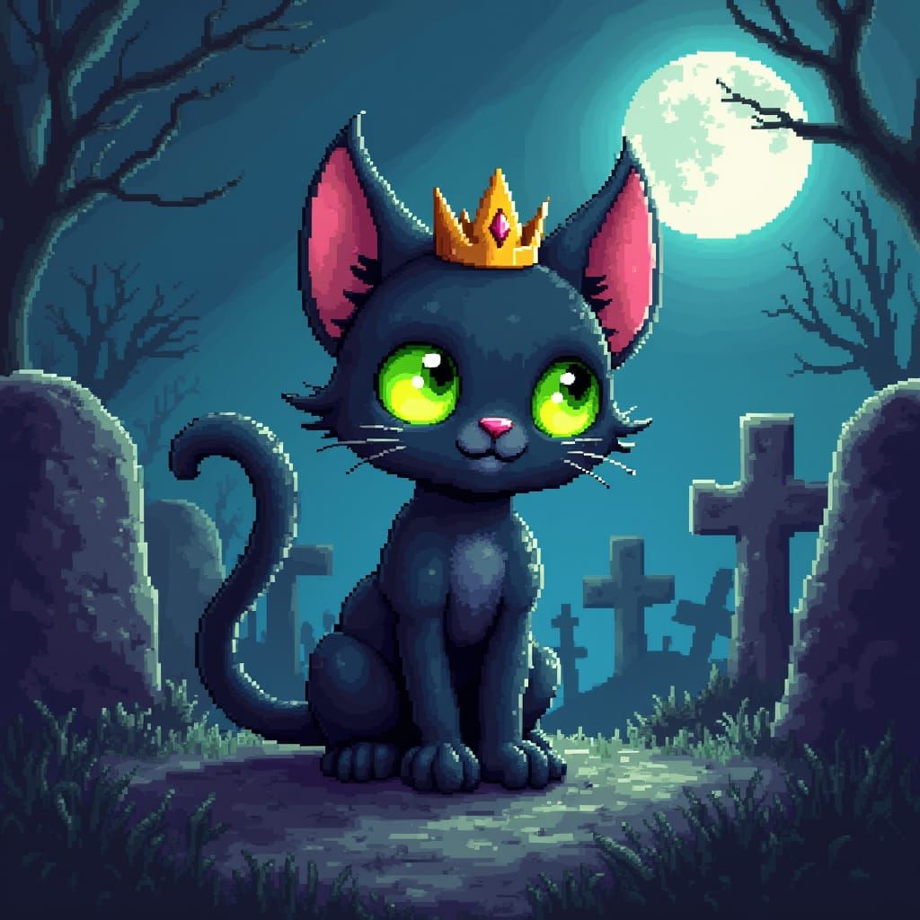 Retro Pixel Art Zombie Cat King in Graveyard