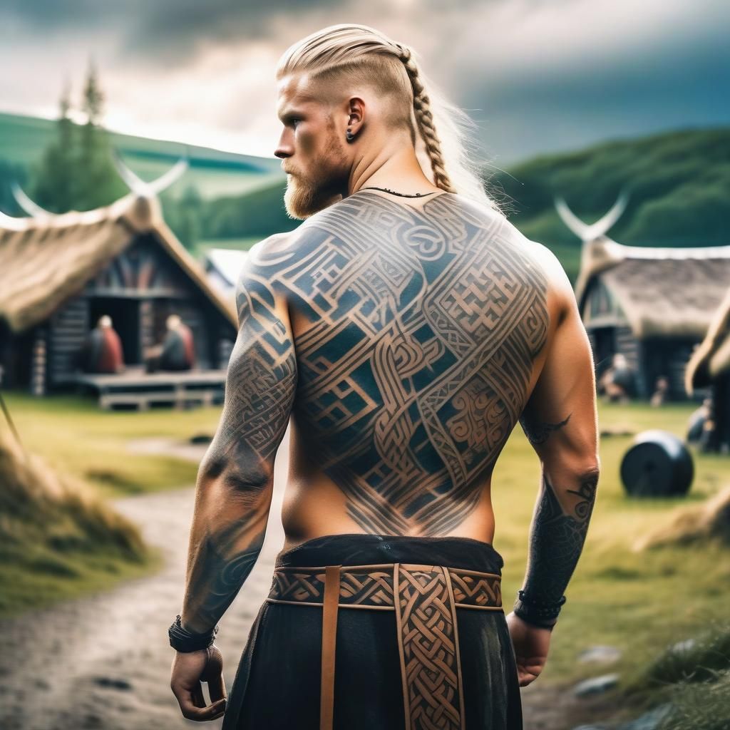 Viking Warrior with Tattoos in Gouache Painting