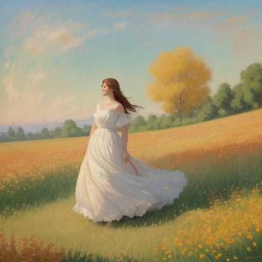 Lady in an Impressionist Vast Floral Landscape with Warm Gol...