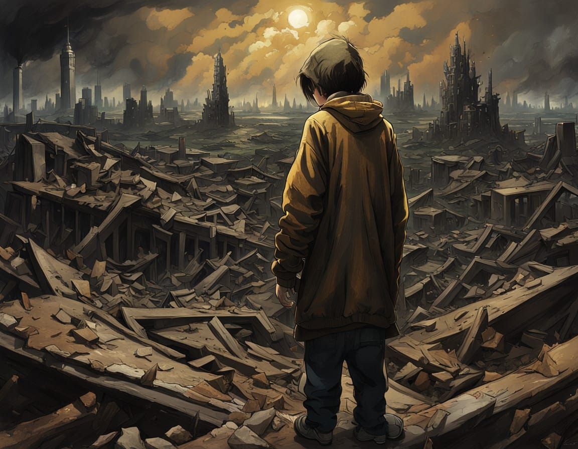 Ruins of Chaos: Dystopian Cityscape in Moody Oil Painting