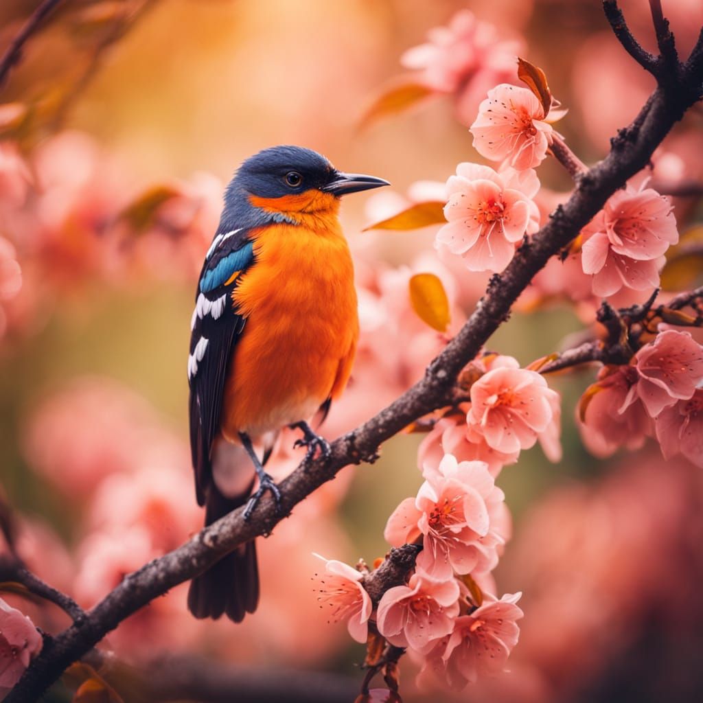 Vibrant Orange Bird in Peach Tree - National Geographic Styl...