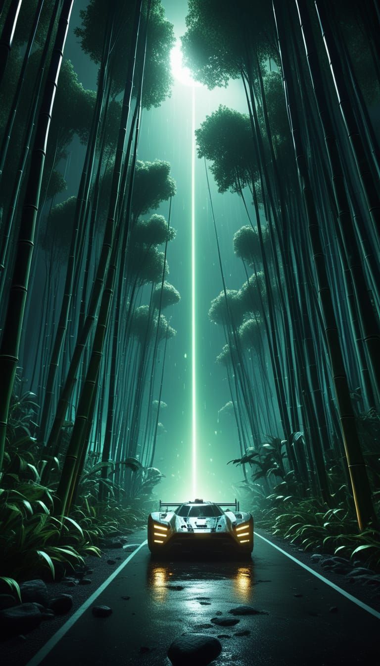 Alien Night Race: Futuristic Ships Entangled by Glowing Flor...