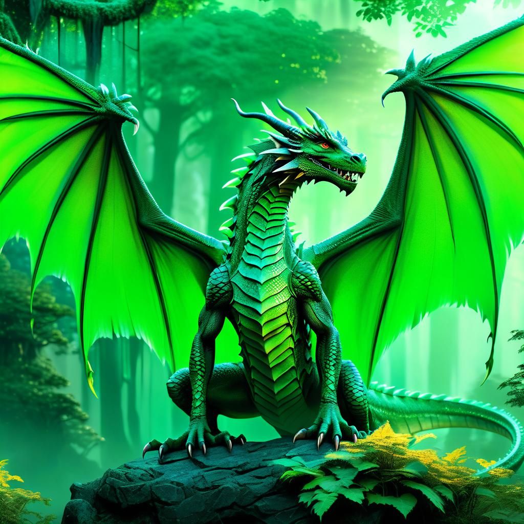 Green Dragon in Mystical Forest: Digital Art