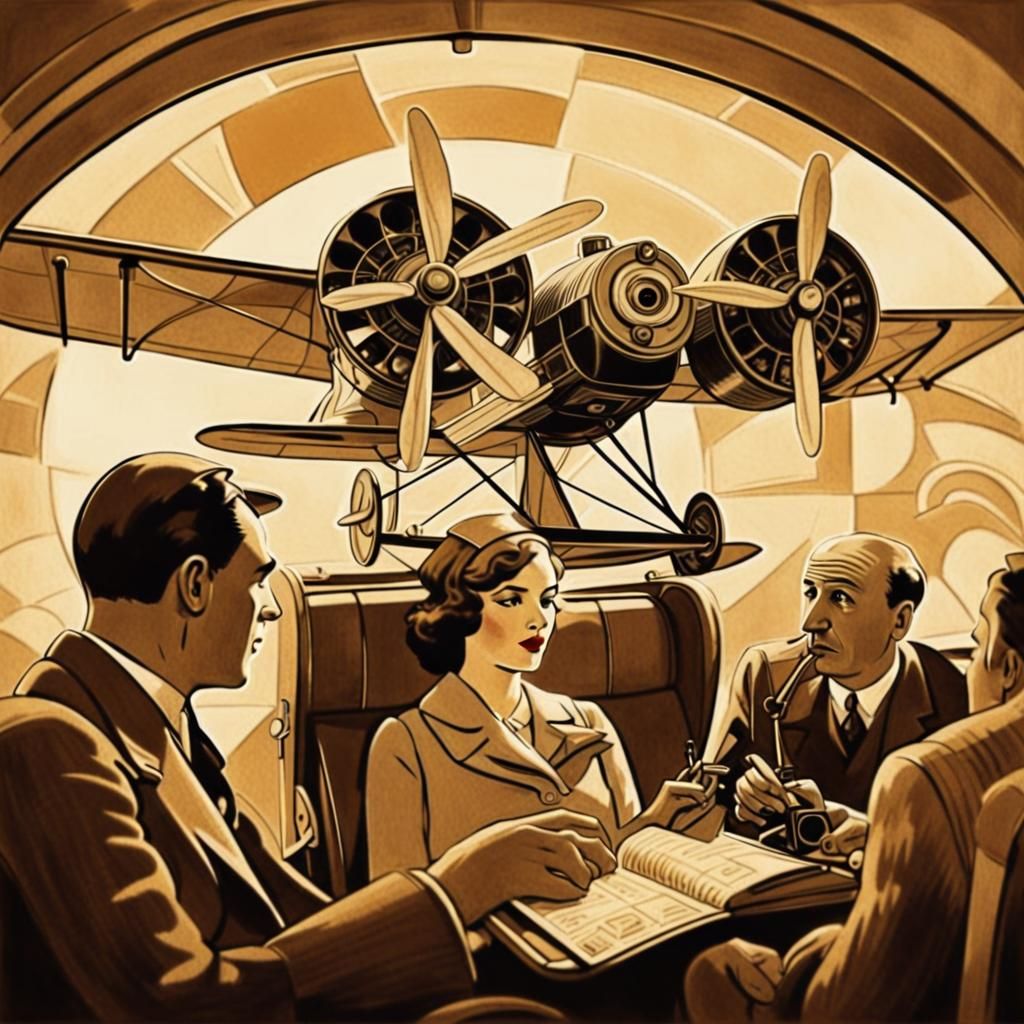 Passengers Enjoying In-Flight Film: Cubist Art Deco Style