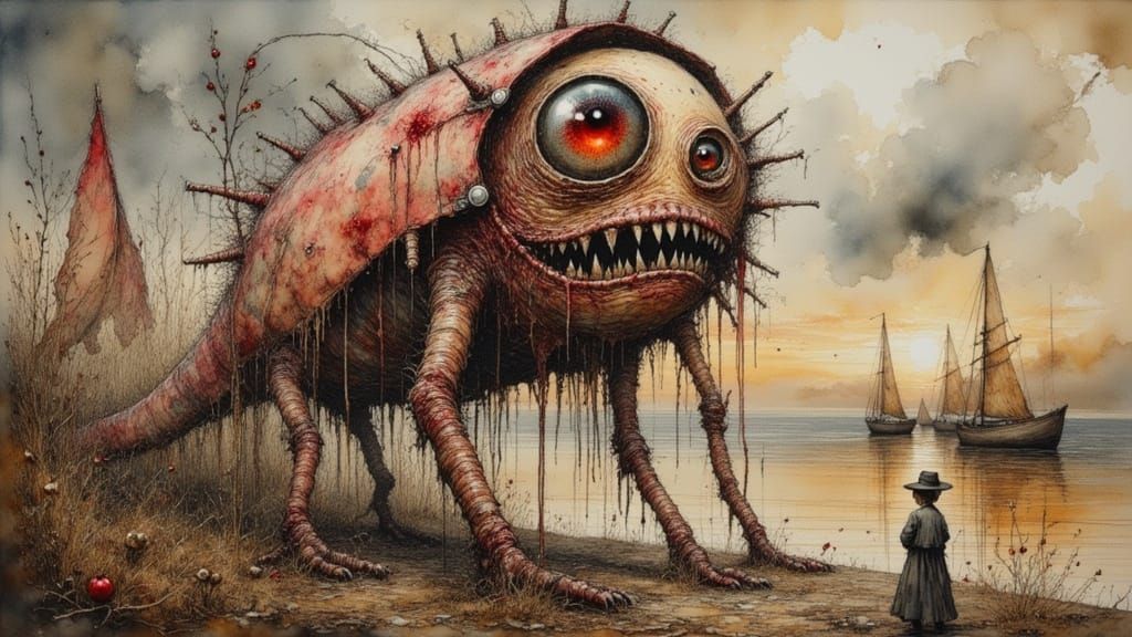 Menacing Biomechanical Eyeball in Dark Surreal Style