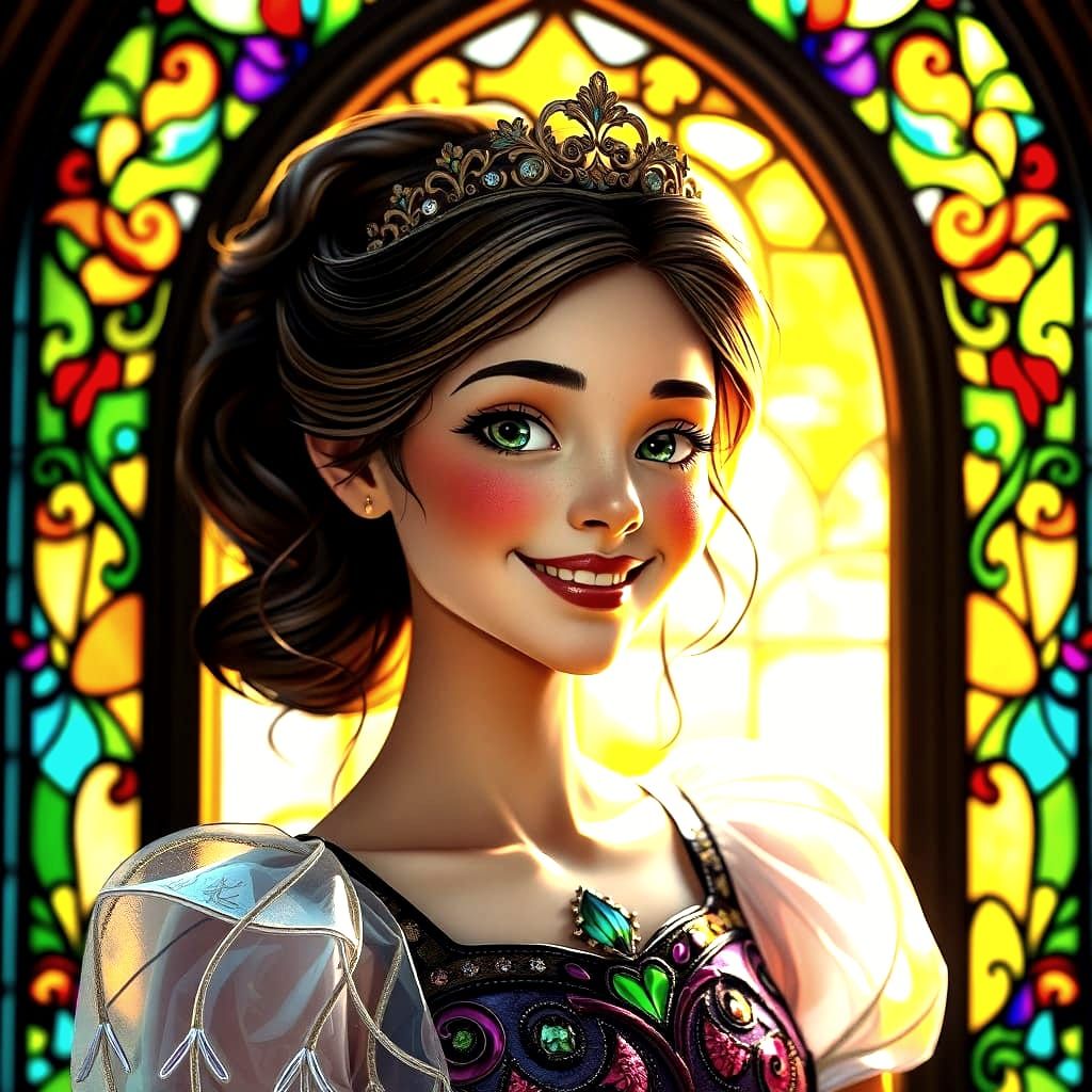 Sultry Princess Emerges from Vibrant Stained Glass Window