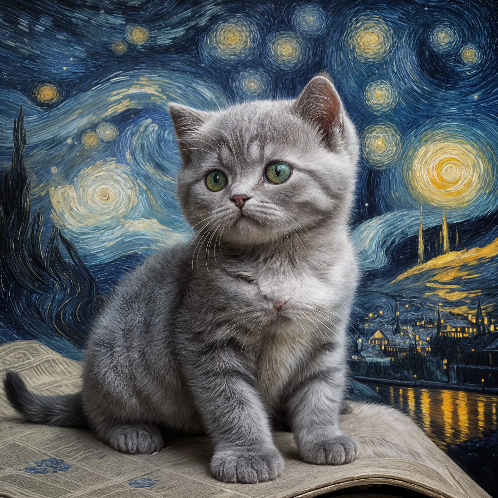 Scottish Fold Kitten in Starry Night Style