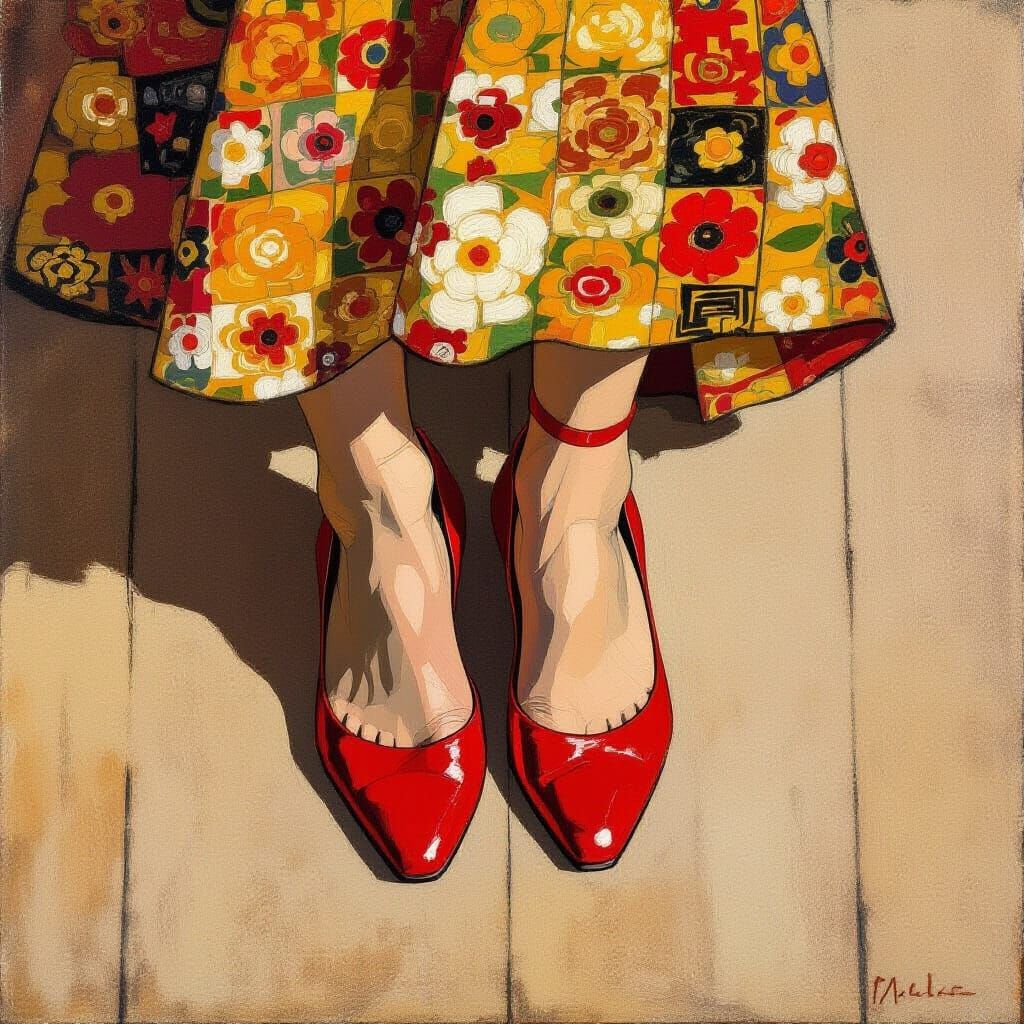 Red Shoes on Wooden Floor in Art Nouveau Style