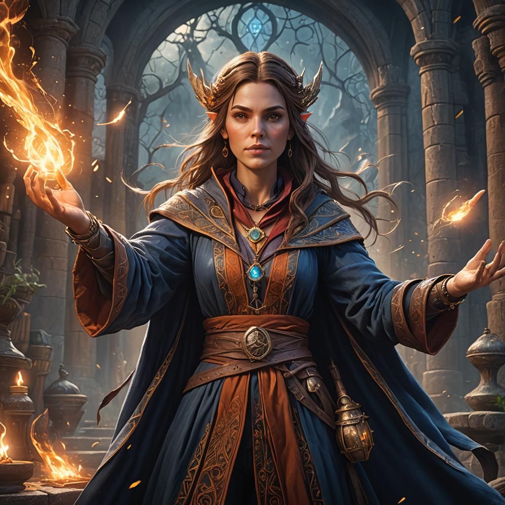 Young Sorceress Casting Spell: Detailed Pencil Sketch