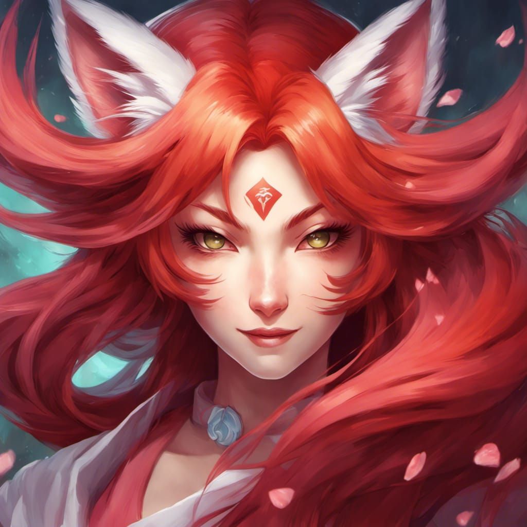 Spirit Blossom Redhead Kitsune Digital Art Portrait