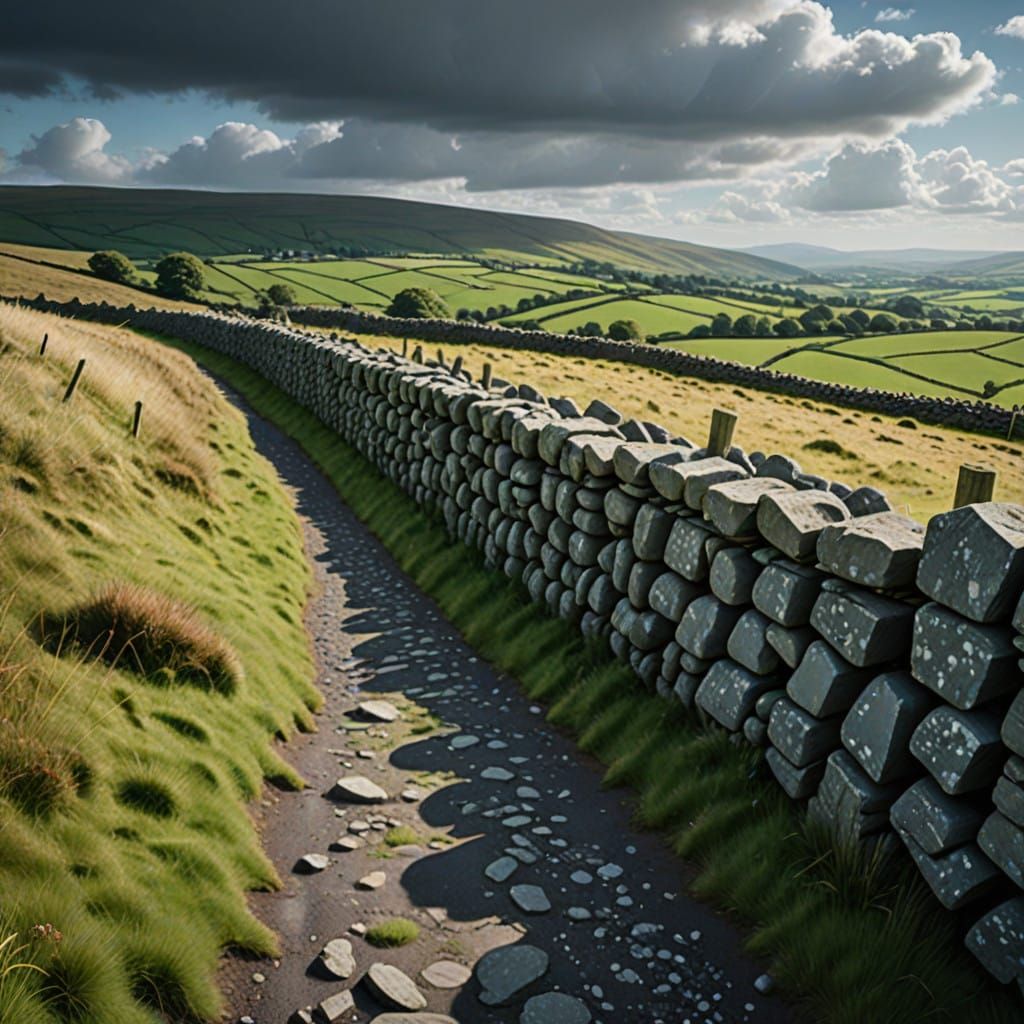 Northern Ireland Countryside Landscape with Dry Stone Wall