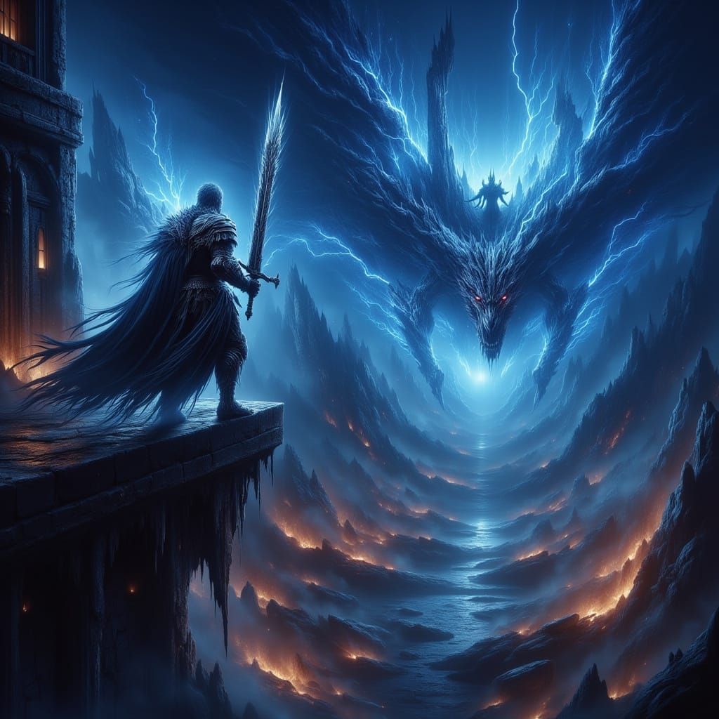 Knight Battles Fiery Dragon on Castle Balcony