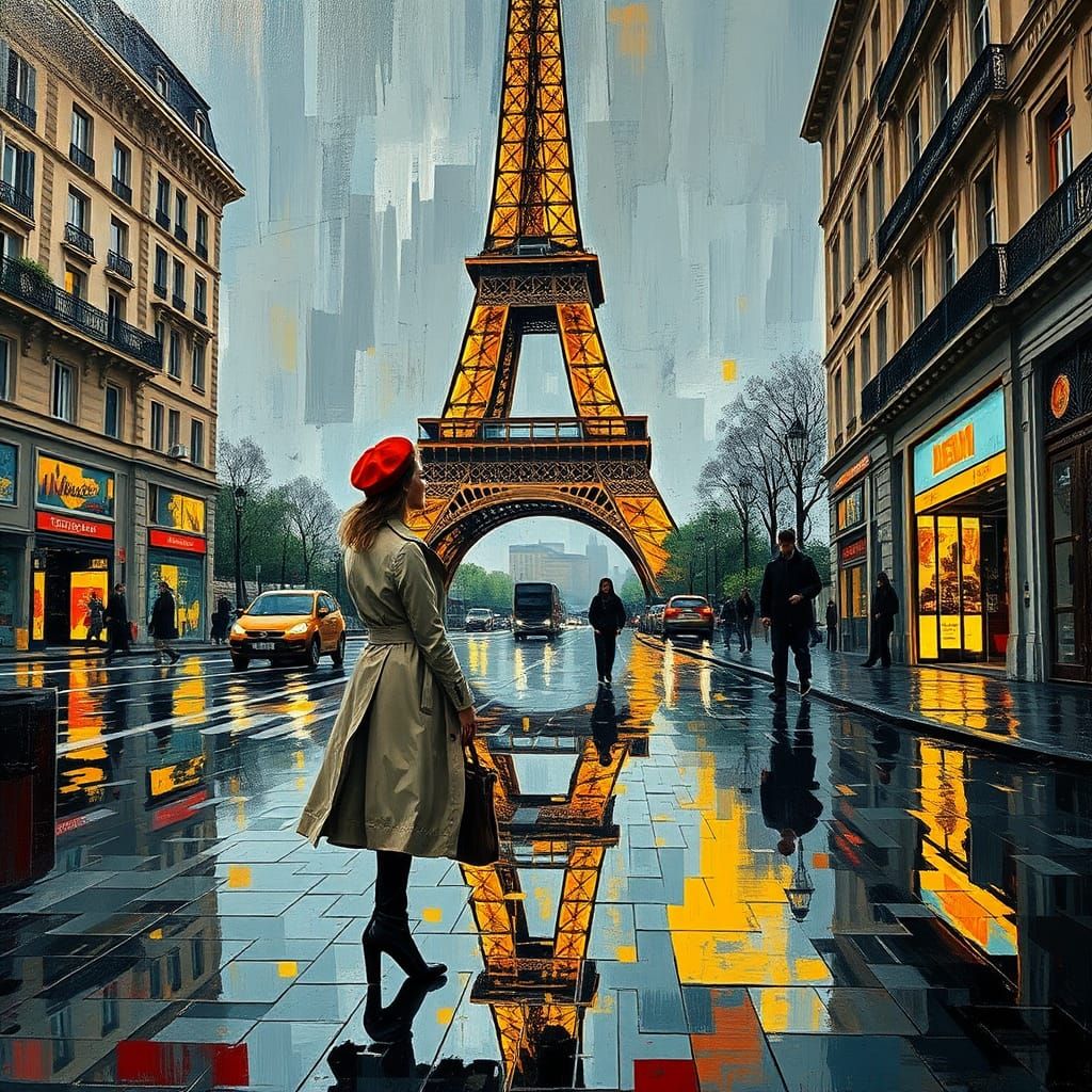 Parisian Woman Gazing at Eiffel Tower in Cubist Style