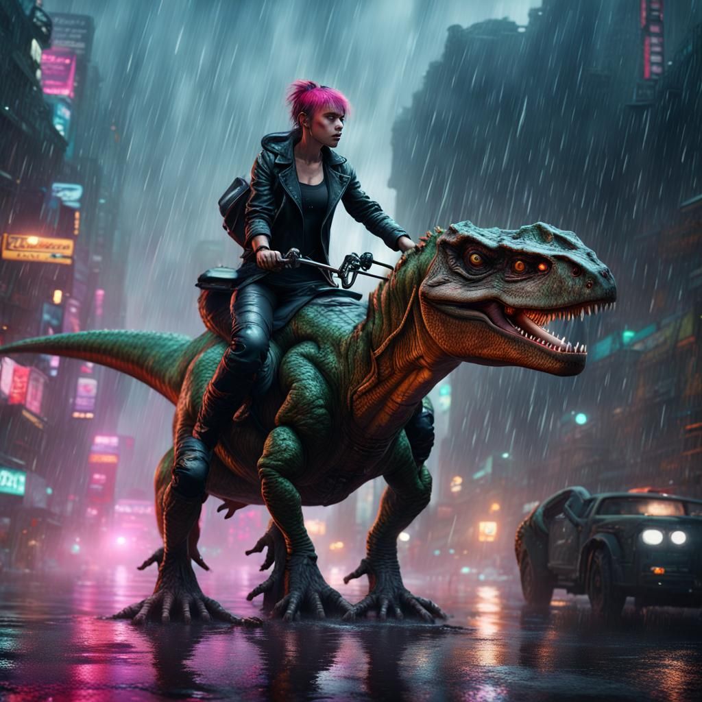 Cyberpunk Girl Rides Dinosaur: Detailed Matte Painting