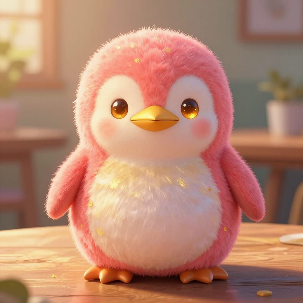 Cute Coral Pink Penguin with Golden Eyes in Warm Light