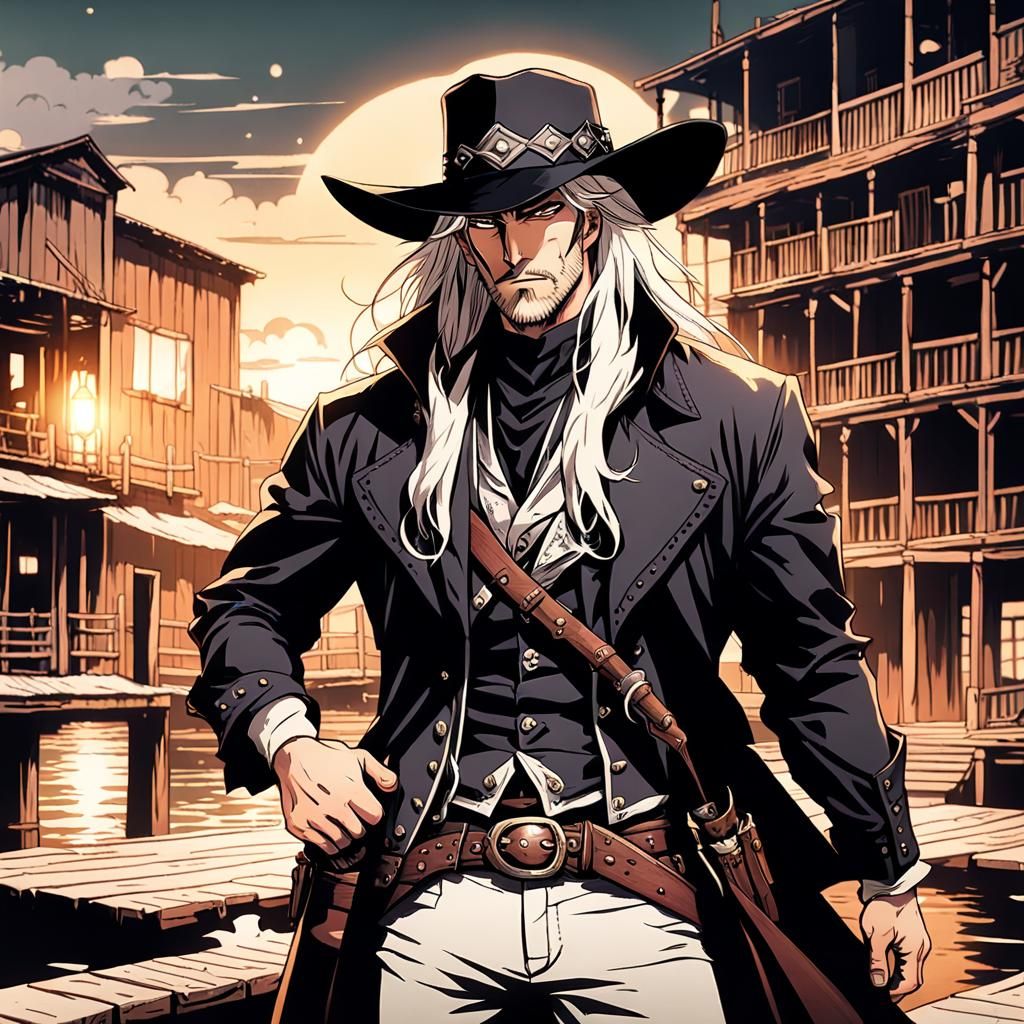 Gunslinger in Cyberpunk Western Town, Anime Art