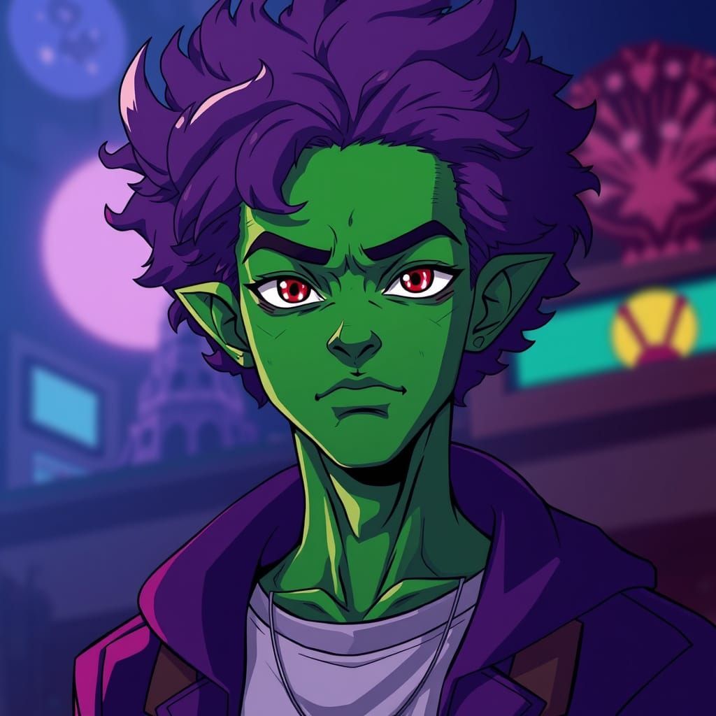 Cyberpunk-Style Anime-Inspired Demon with Vibrant Green Skin...