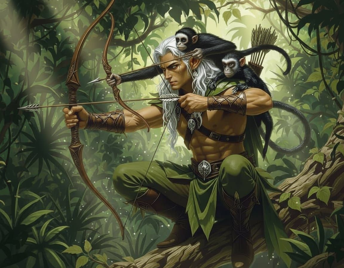 Fantasy Elf Archer with Spider Monkey in Forest