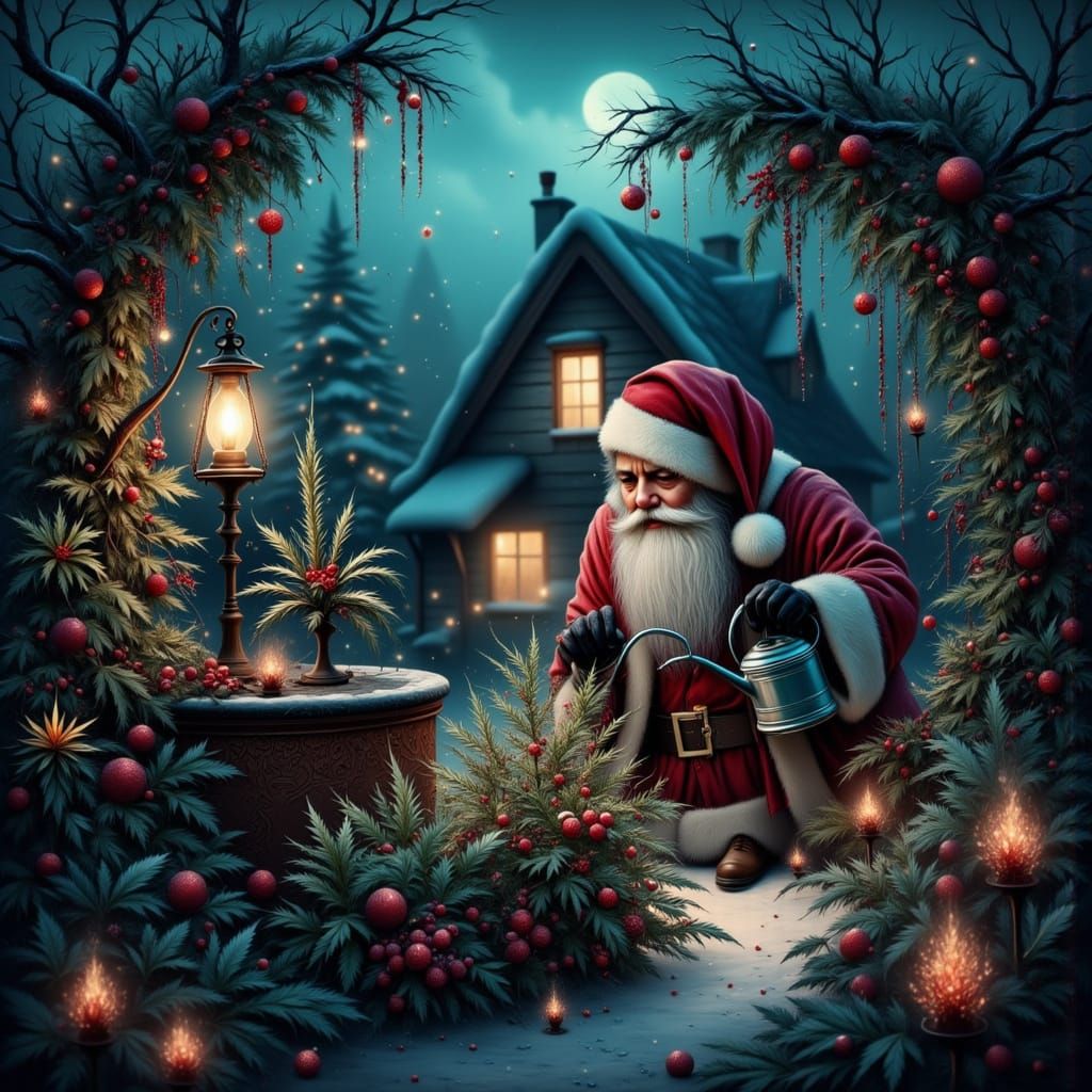 Santa Claus Tends Magical Cannabis Garden