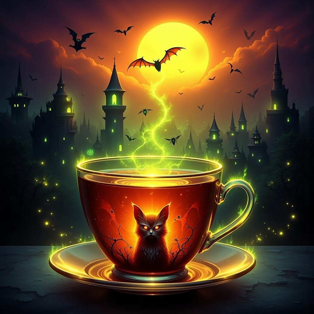 Halloween Scene in Teacup, Fantasy Art