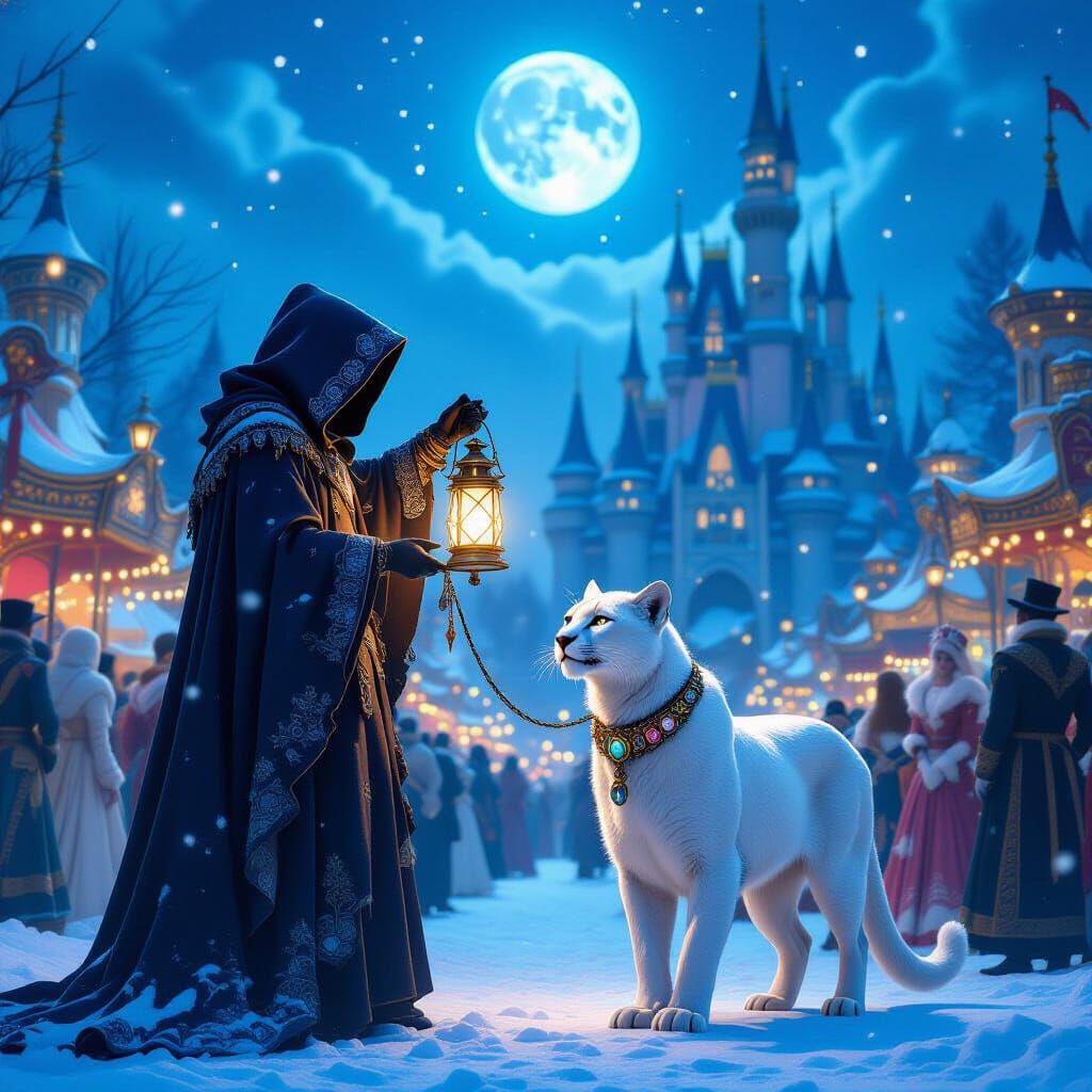 Mystical Carnival Scene with Figure and Cougar