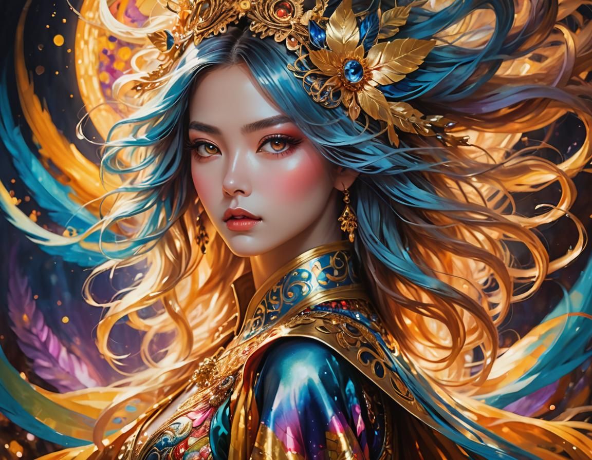 Enchanting Woman with Flowing Hair in Oil Painting Style