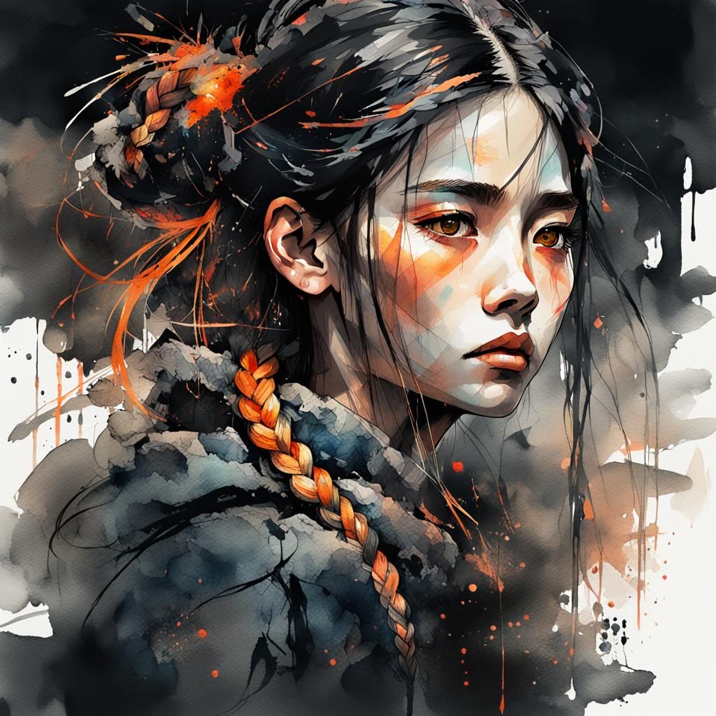 Asian Girl with Orange Eyes: Watercolor Illustration