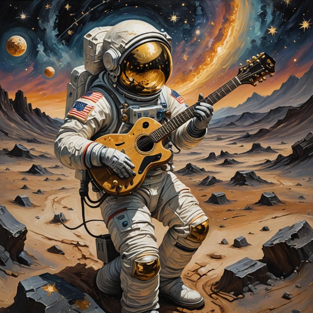 Astronaut's Surreal Guitar Serenade on Distant Planet