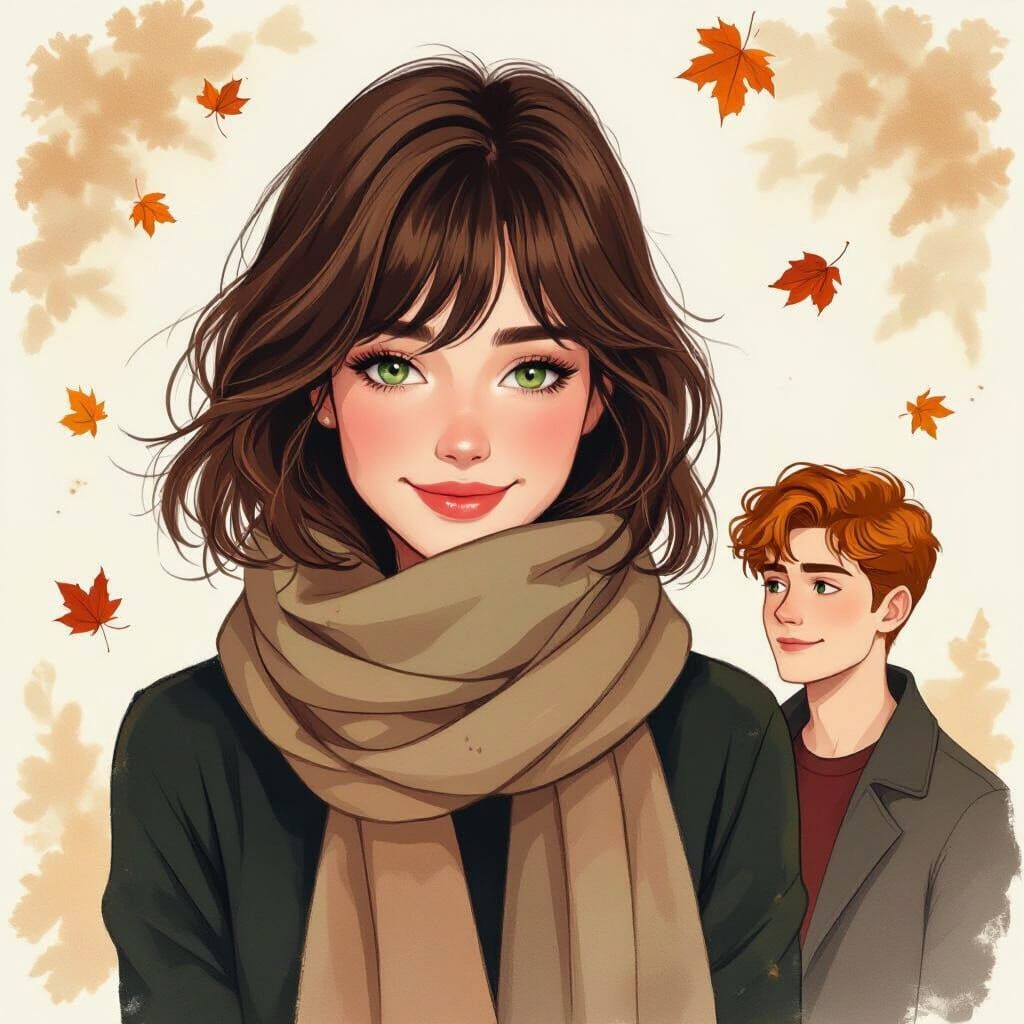 Pencil Drawing of Woman with Scarf in Autumn Breeze