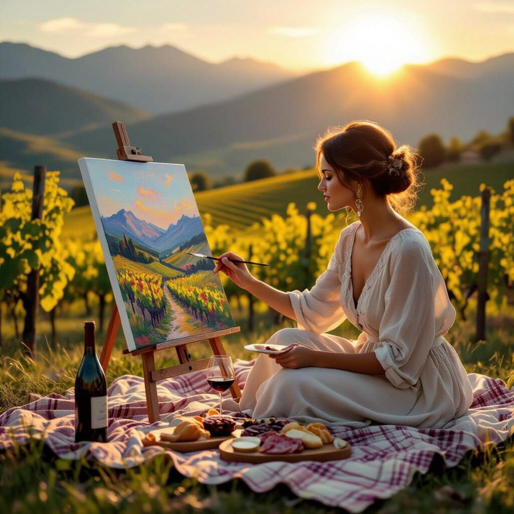 Woman Painting Outdoors at Golden Sunset in Vineyards