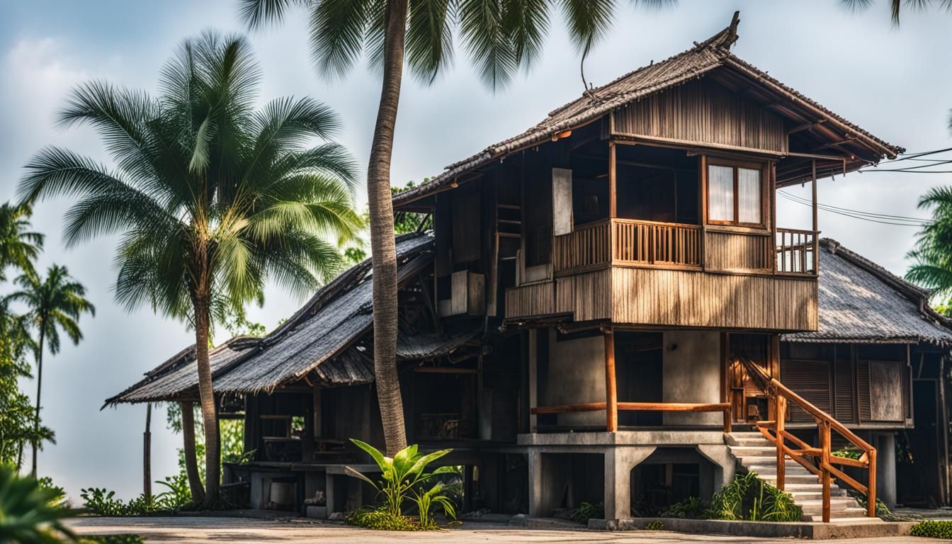 Vietnamese Stilt House with Palms in Natural Light