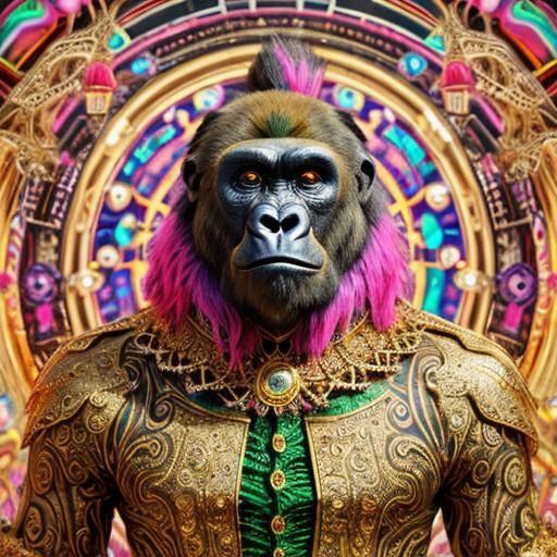 Psychedelic Gorilla in Gold and Green, 3D Render